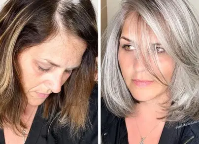 Мелирование седых волос фото до и после